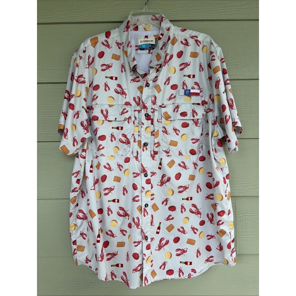 Magellan Fish Gear Moisture Wicking Relaxed Fit Button Up Shirt Crawfish Boil XL